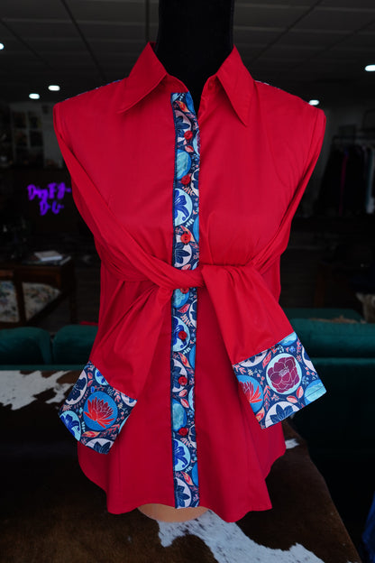 L - Patriotic Floral Patches on Red Cotton Button Down