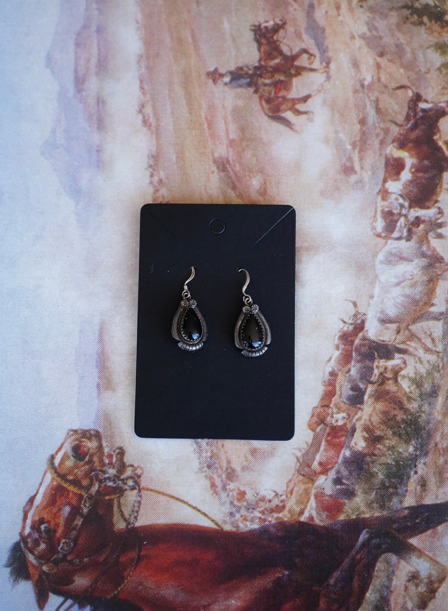 Vintage Black Onyx Teardrop Fish Hook Earrings