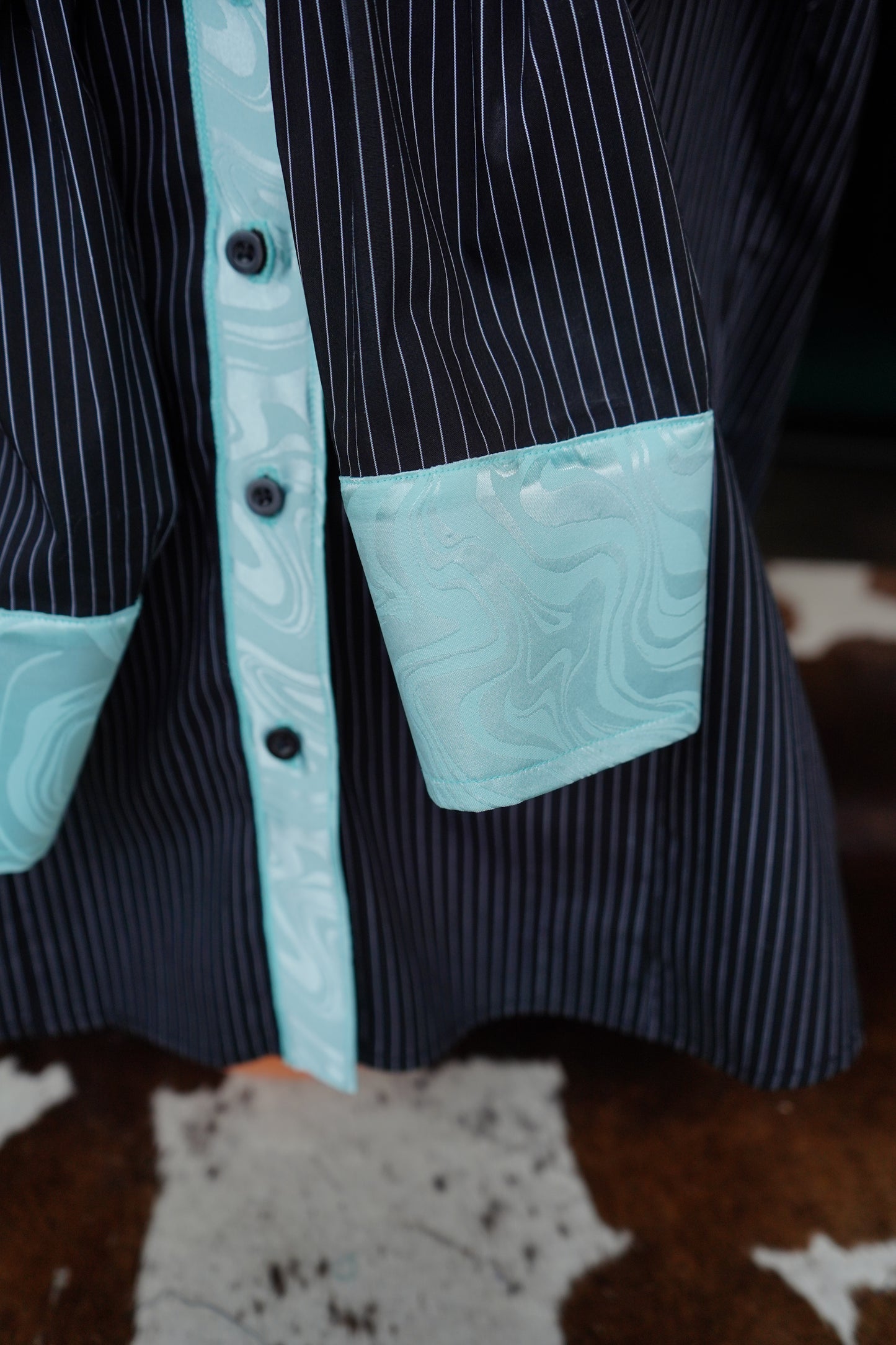 2XL - Teal Groovy Jacquard on B/W Striped Cotton Button Down