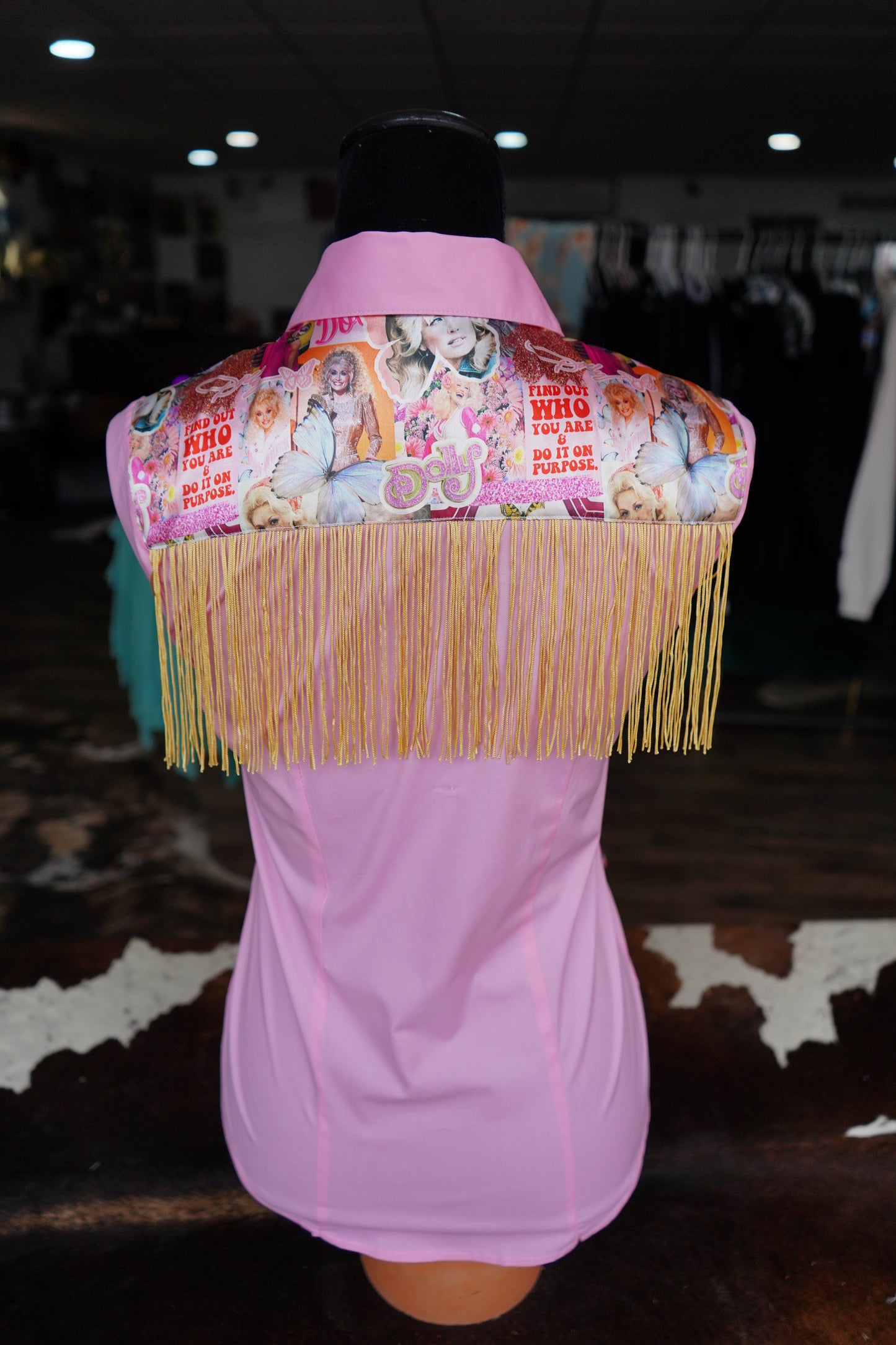 S - WWDD on Light Pink Cotton Button Down w/ Fringe