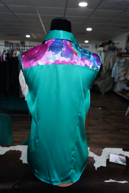 L - Watercolor Floral on Emerald Satin Button Down