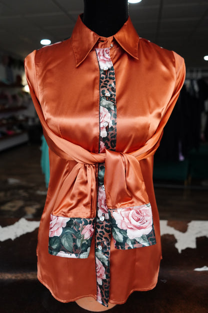 S - Blush Cheetah Roses on Rust Satin Button Down w/ Fringe