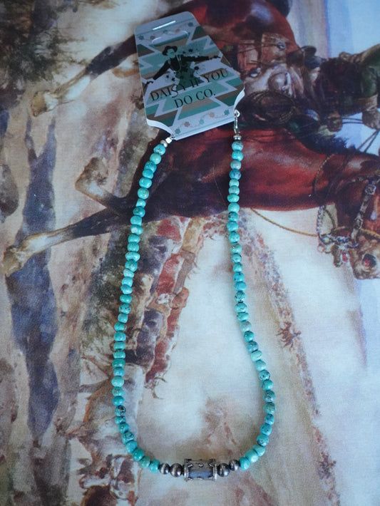 Turquoise Beads w/ Silver Pearls & Barrel Necklace - 16”