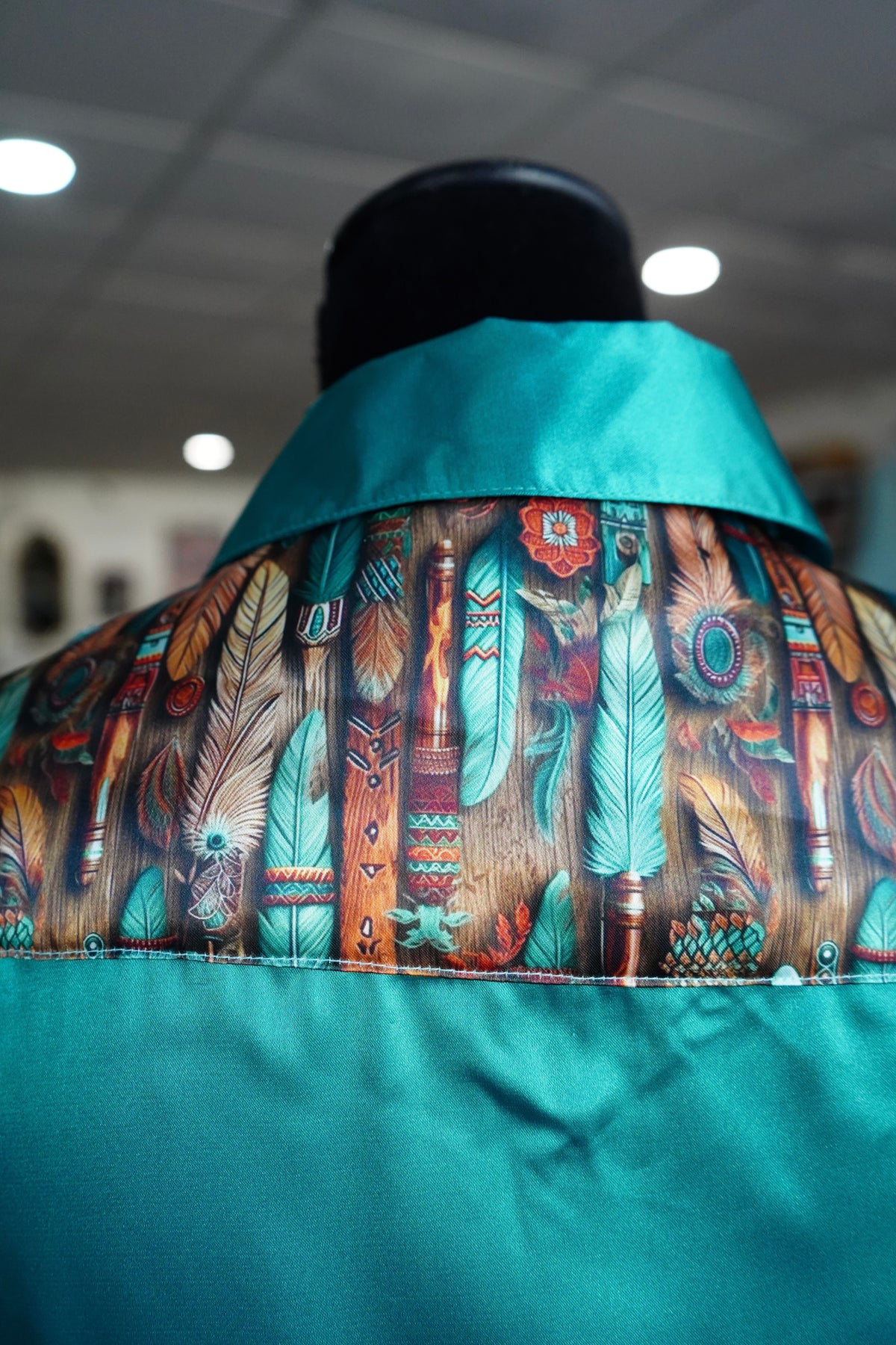 S - Teal Feathers on Emerald Satin Button Down