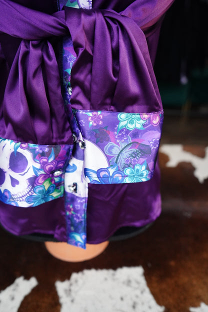S - Purple Floral Skulls on Purple Satin w/ Fringe Button Down