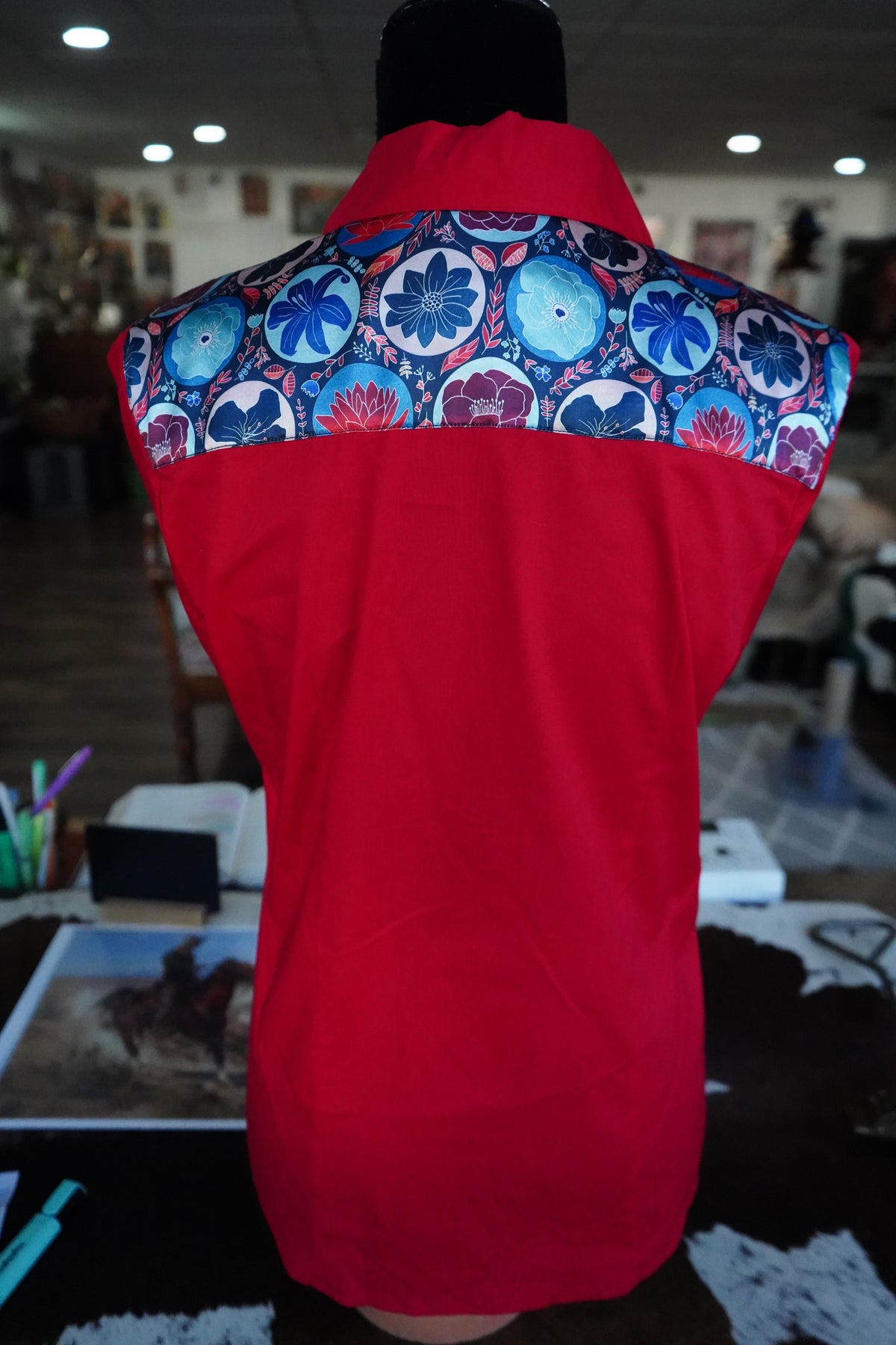 L - Patriotic Floral Stamps on Red Cotton Button Down