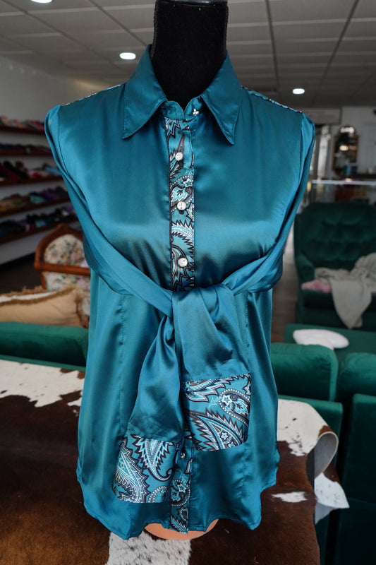 L - Teal Electric Paisley on Teal Satin Button Down