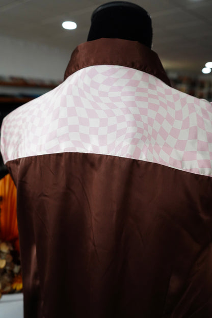 2XL - Brown Satin w/ Pink Wavy Checkered Button Down