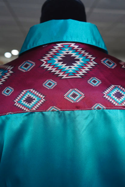 L - Maroon Aztec on Emerald Satin Button Down