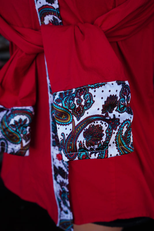 PRELOVED - L - Patriotic Paisley on Red Cotton Button Down