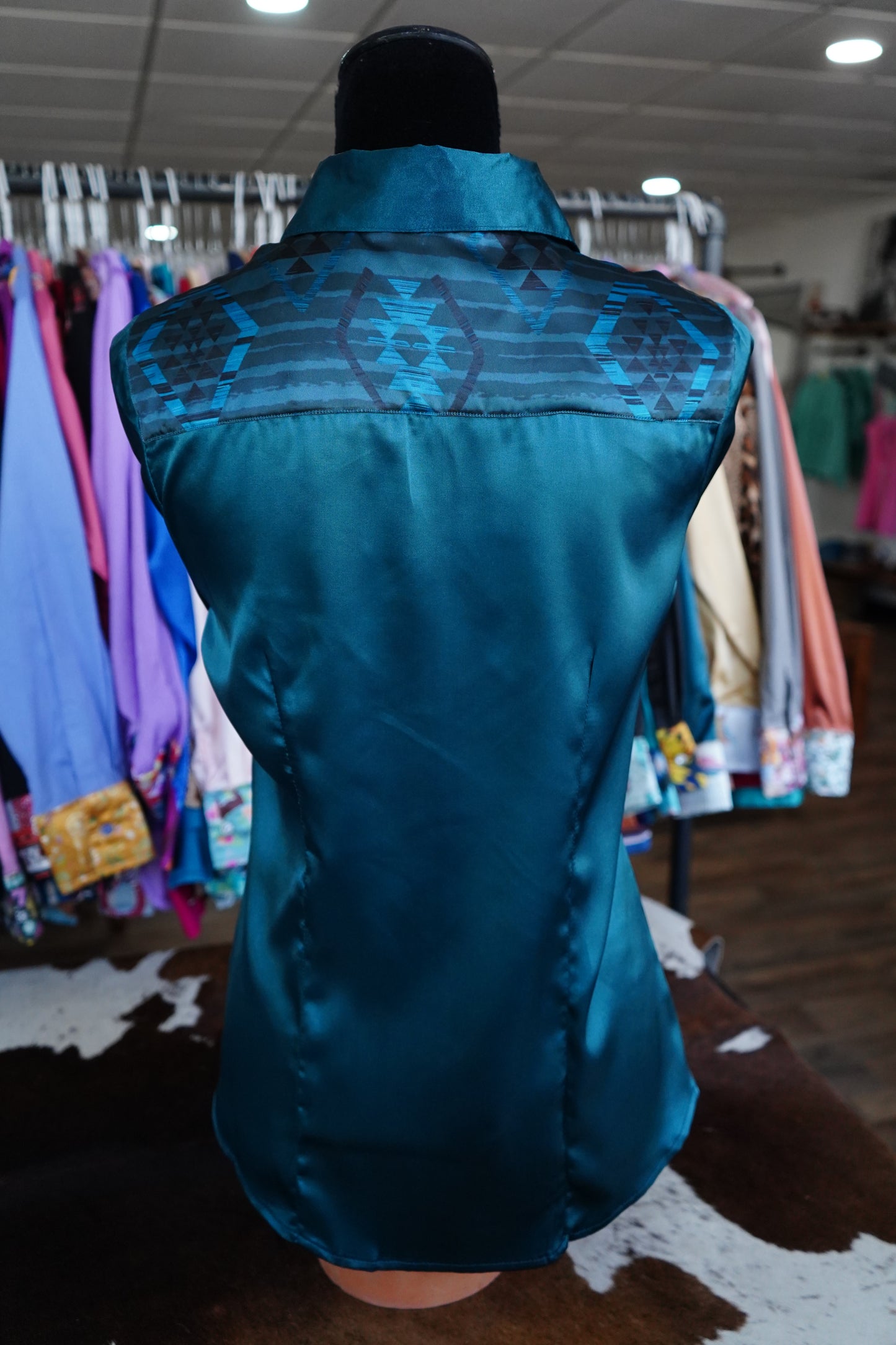 M - Teal Daisy Aztec on Teal Satin Button Down