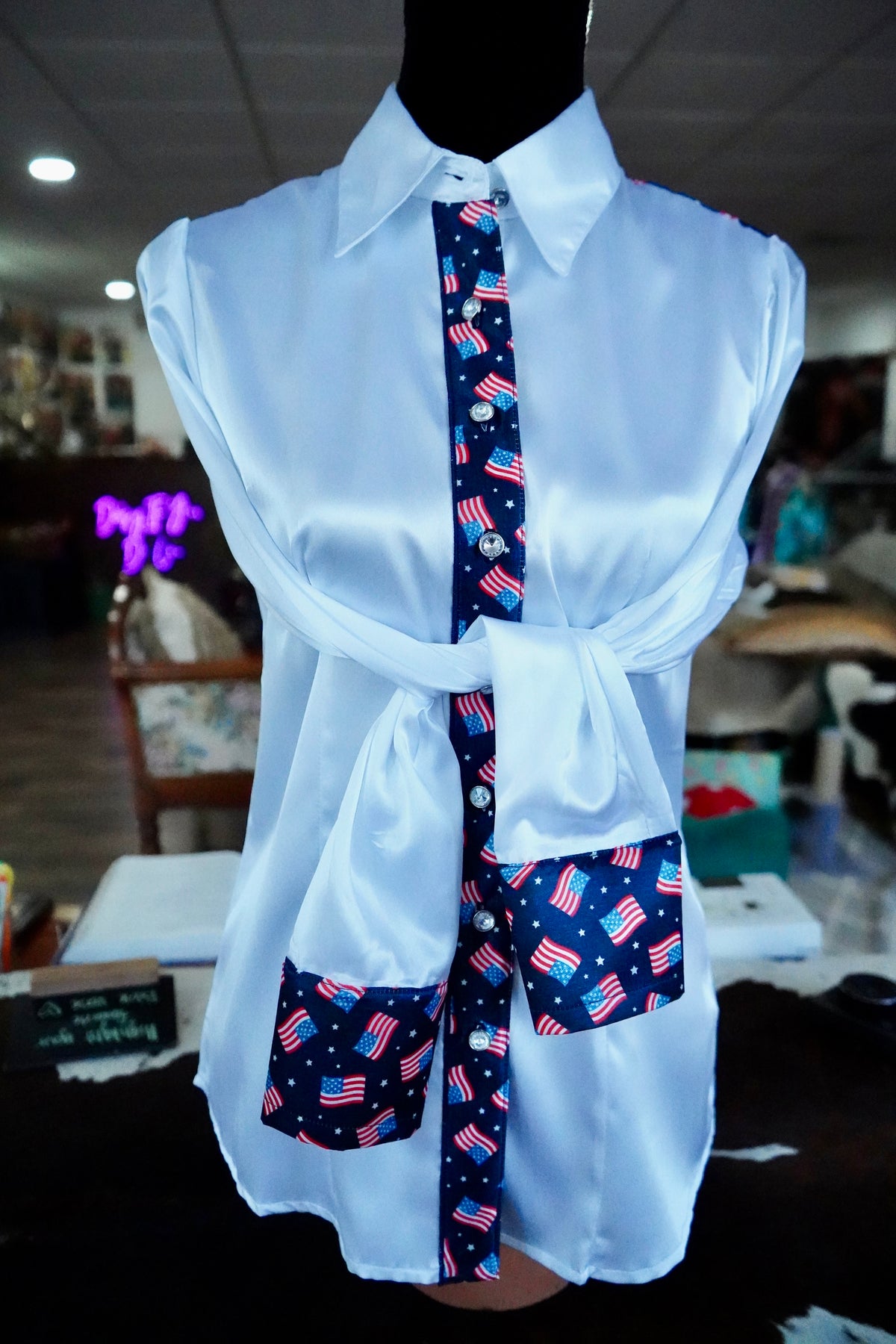 M - Mini Flags on White Satin Button Down