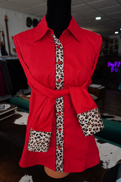 XL - Painted Cheetah on Red Cotton Button Down
