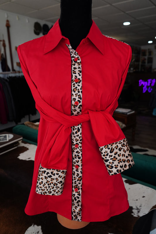 XL - Painted Cheetah on Red Cotton Button Down