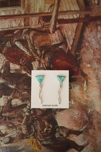 Turquoise Triangle w/ Dangly Paperclip Chain Stud Earrings