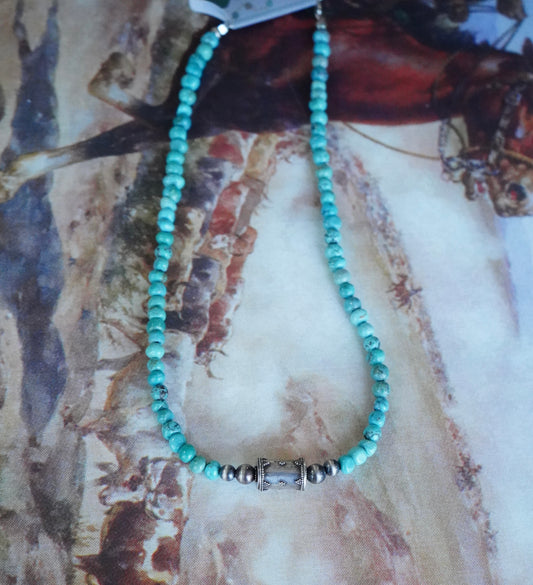 Turquoise Beads w/ Silver Pearls & Barrel Necklace - 16”