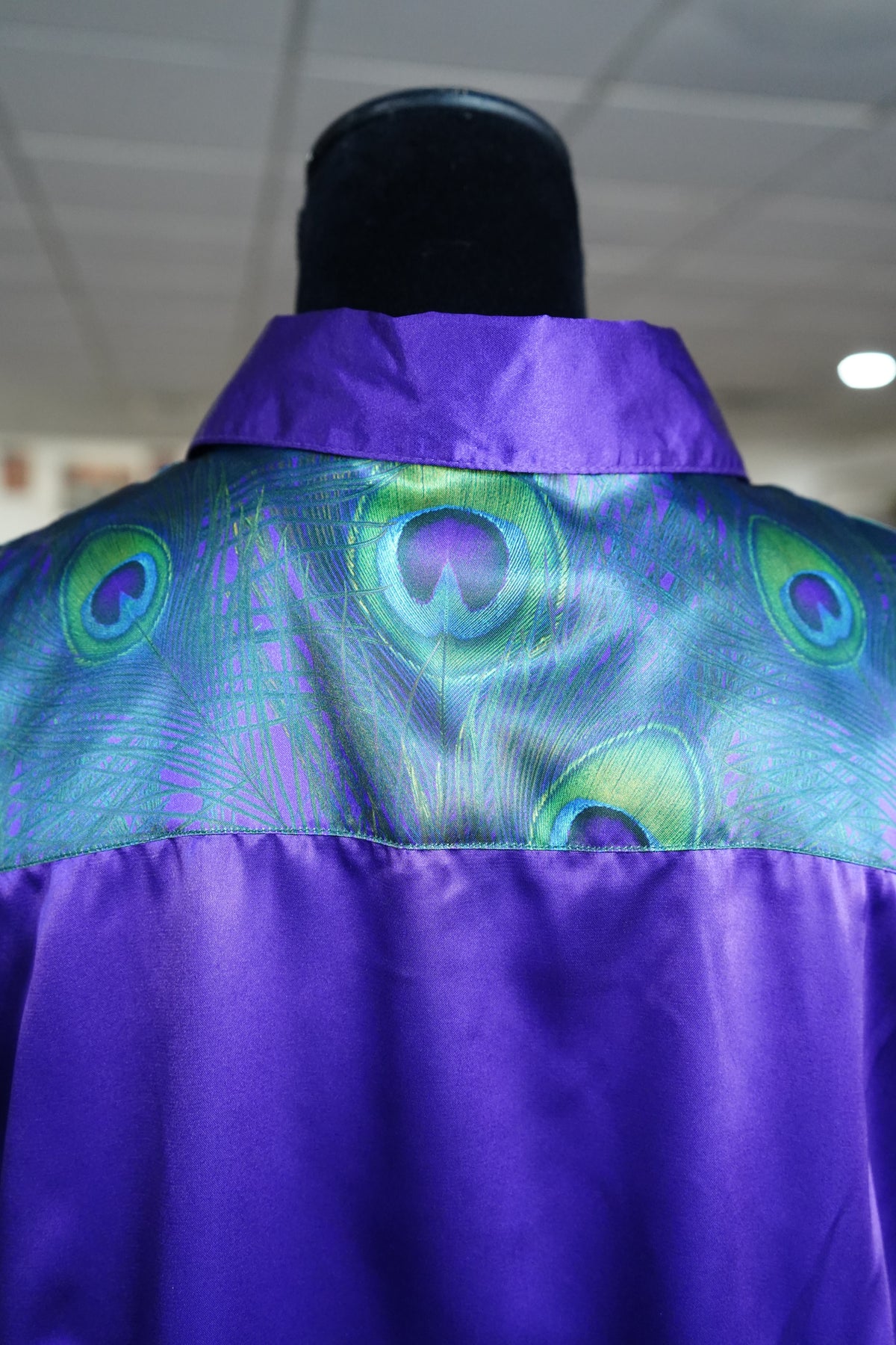 3XL - Peacock Feathers on Purple Satin Button Down