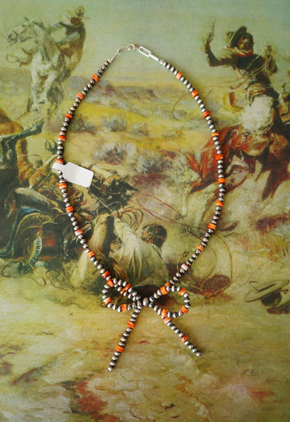 Sterling Silver Pearls & Orange Spiny Bow Necklace