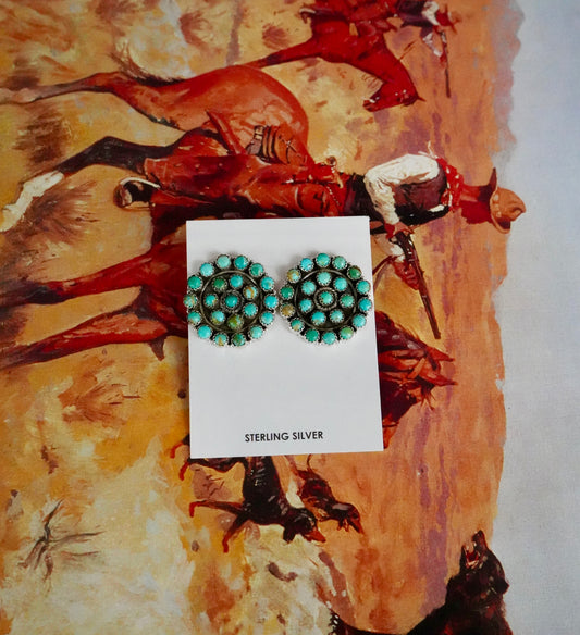 Round Turquoise Cluster Statement Stud Earrings