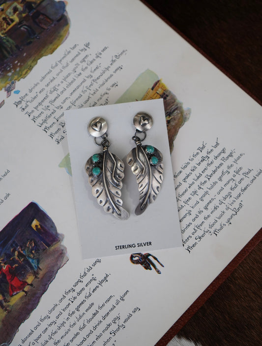 Gabriele Yazzie Stamped Sterling Silver w/ Turquoise Dangly Feather Studs