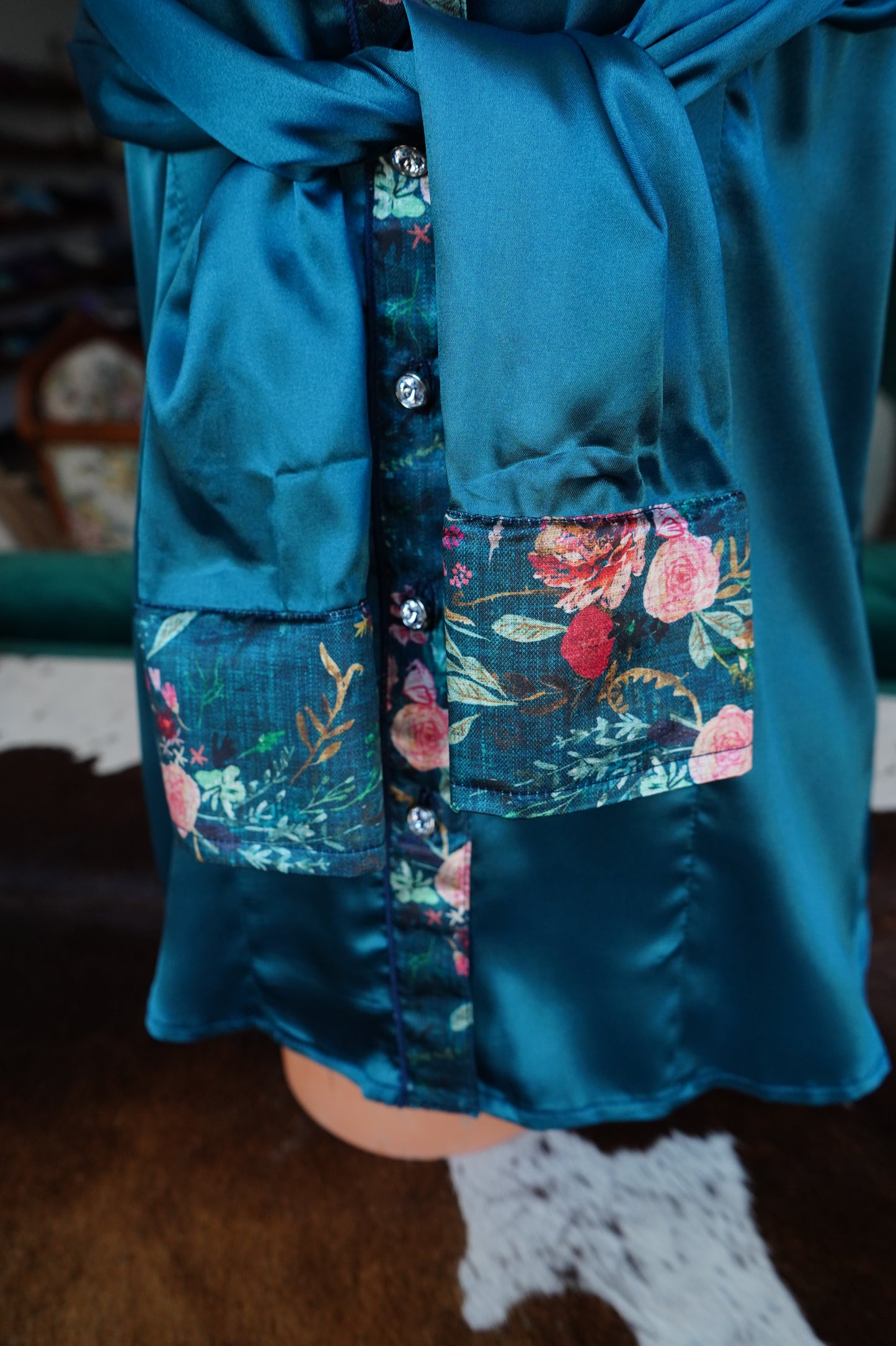 M - Navy Fable Floral on Teal Satin Button Down