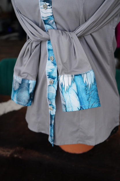 M - Blue Feathers on Gray Cotton Button Down