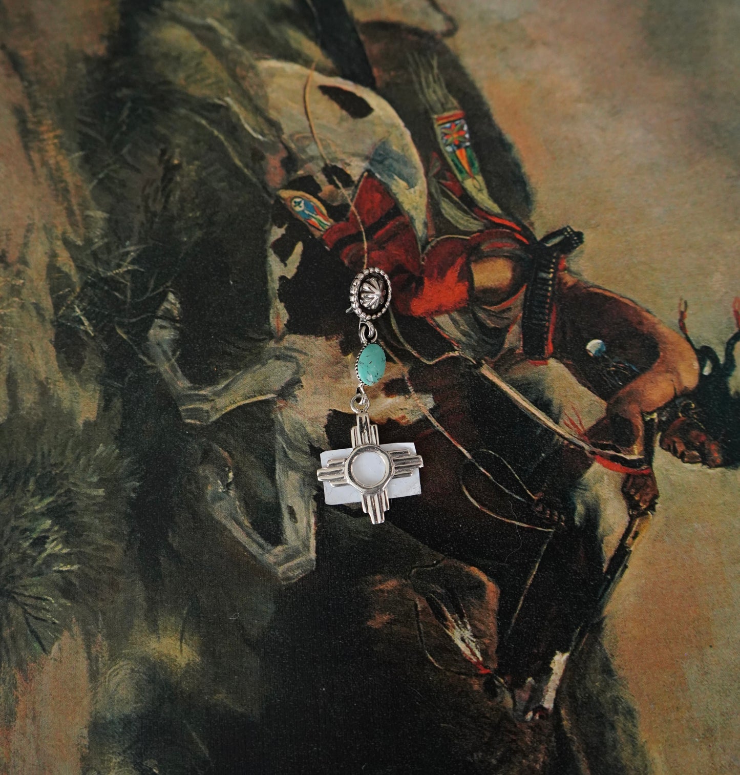 Turquoise, Concho & Zia Shepards Hook Pendant