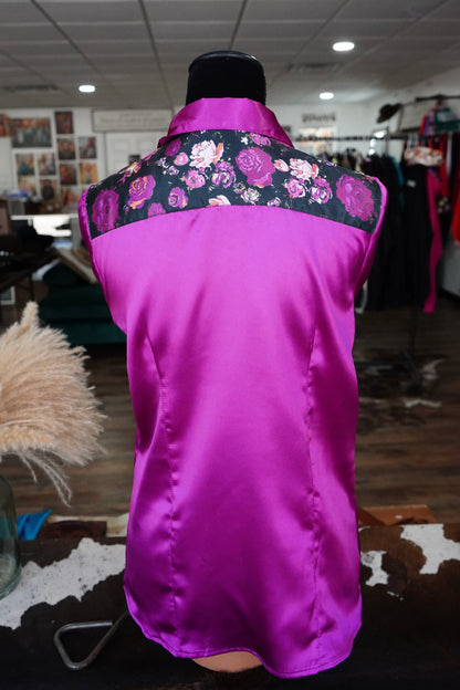 L - Black w/ Magenta Roses on Magenta Satin Button Down