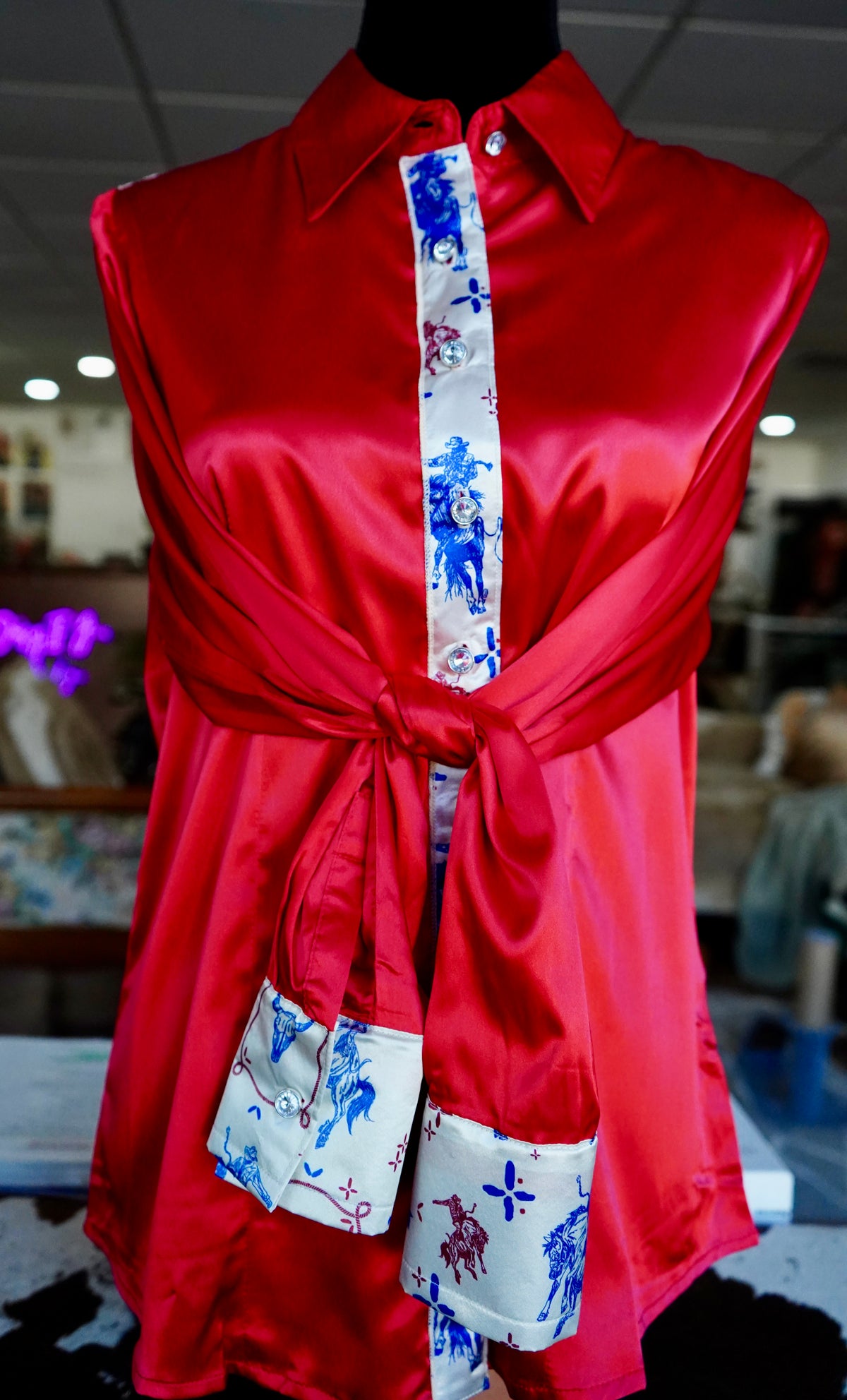 XL - Patriotic Buckers on Red Satin Button Down
