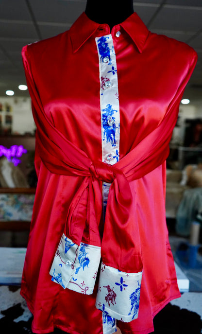 XL - Patriotic Buckers on Red Satin Button Down