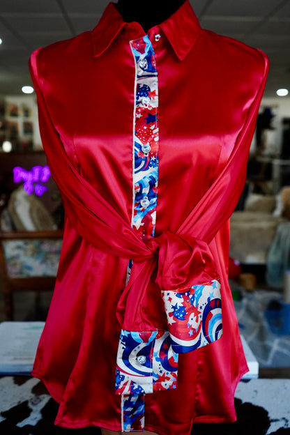 M - Vintage Patriotic on Red Satin Button Down