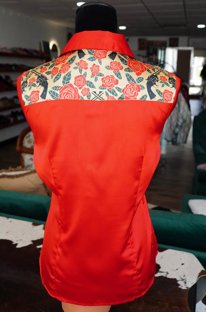 L - Pistols & Roses on Red Satin Button Down