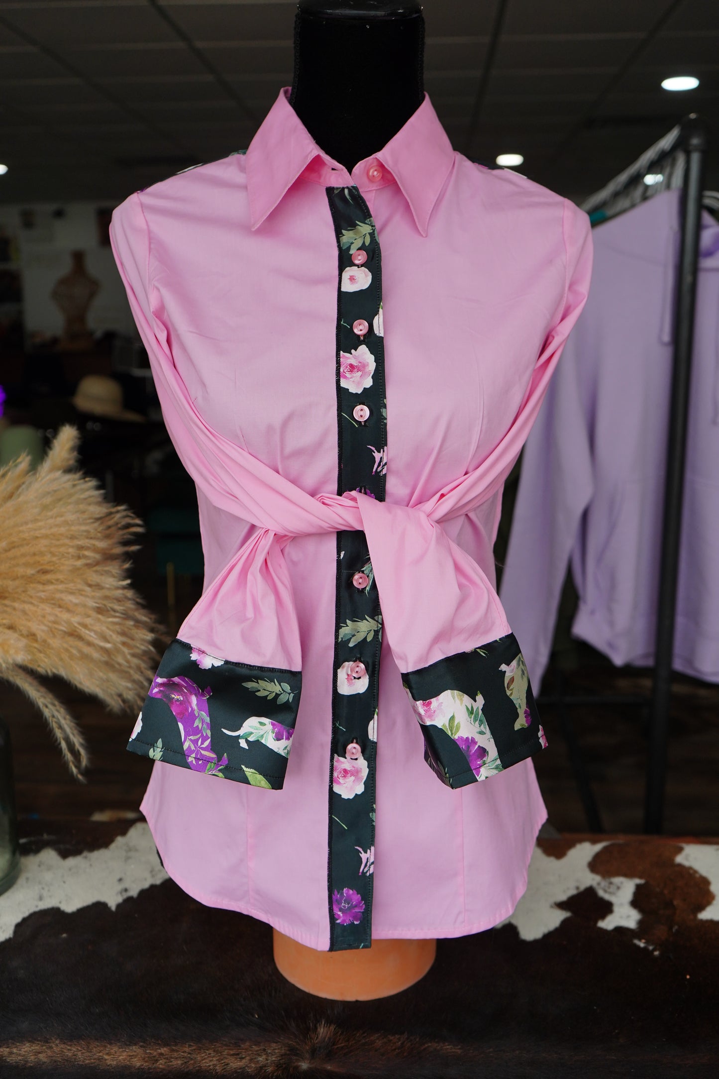 M - Black Floral Weenie Dawgs on Light Pink Cotton Button Down