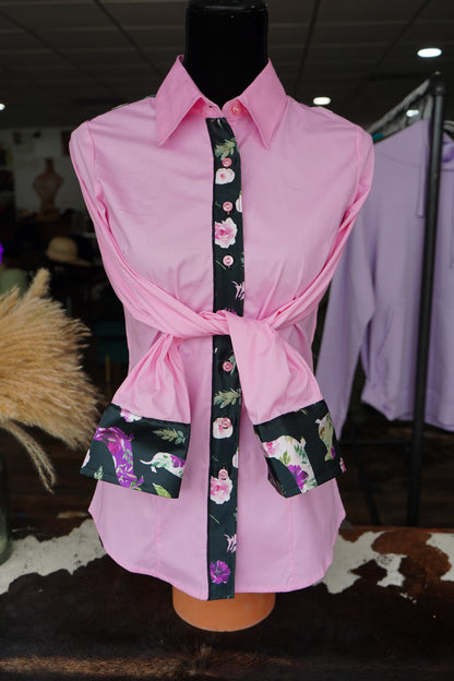 M - Black Floral Weenie Dawgs on Light Pink Cotton Button Down