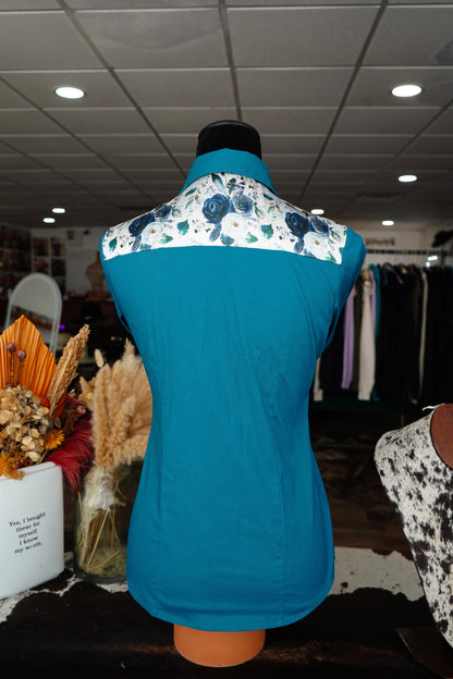 S - Navy Feather Floral on Teal Cotton Button Down