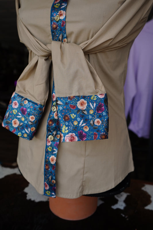 XS - Turquoise Rustic Floral on Tan Cotton Button Down
