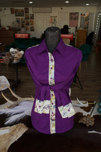 S - Butterflies & Leaves on Purple Cotton Button Down