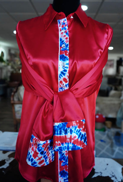 L - Patriotic Tie Dye on Red Satin Button Down