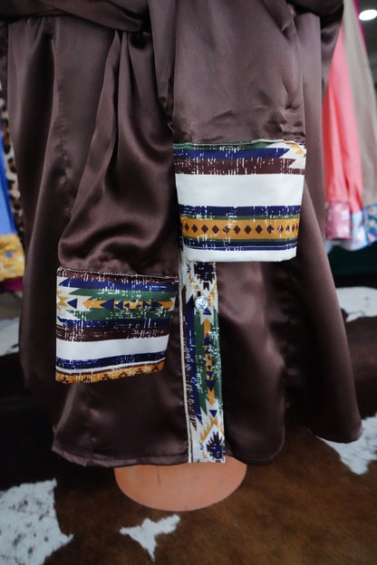 L - Withered Native Stripe on Brown Satin Button Down