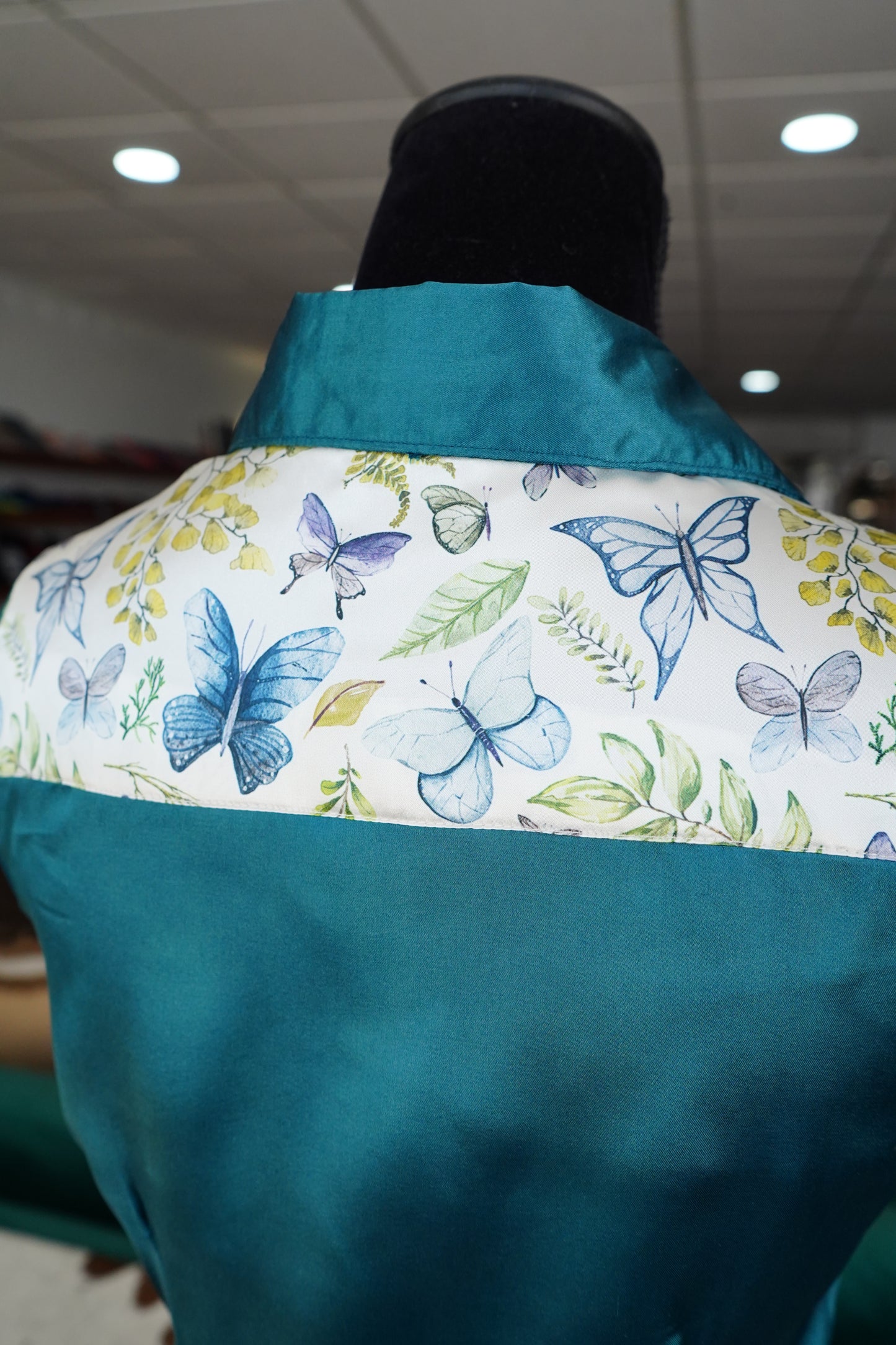 S - Butterflies & Leaves on Teal Satin Button Down