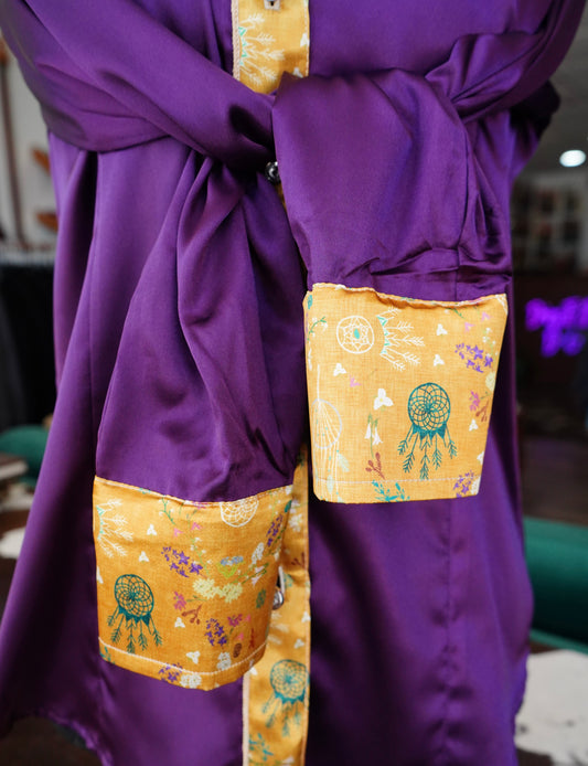 L - Mustard Dreamcatchers on Purple Satin Button Down