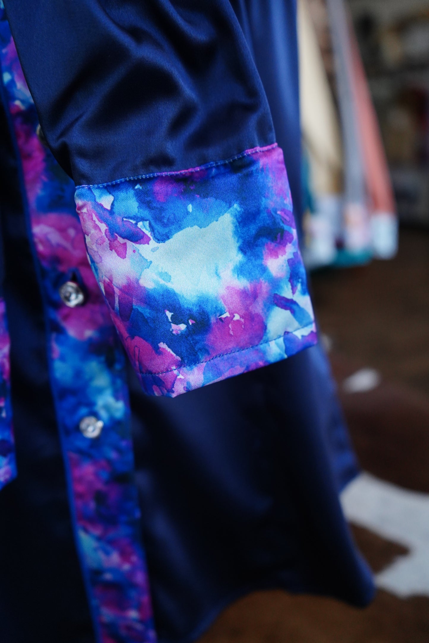 M - Pink & Blue Watercolor on Navy Satin Button Down