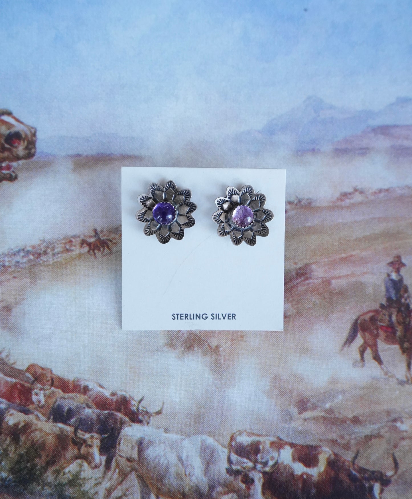 Rick Enriquez Amethyst Stamped Flower Stud Earrings