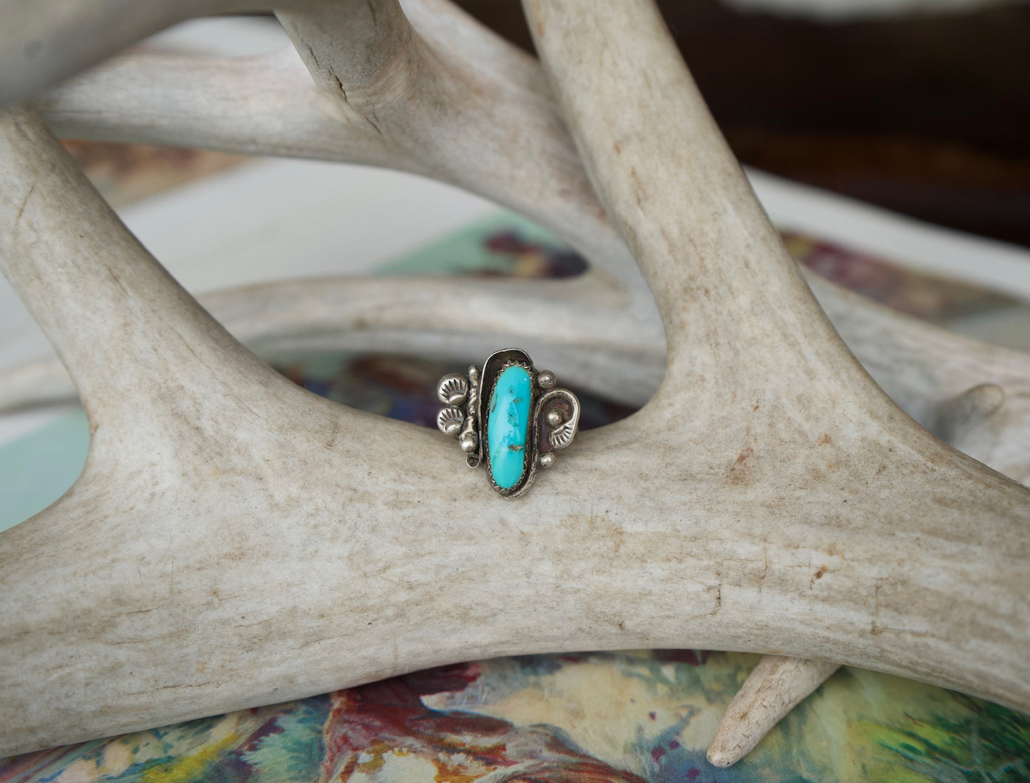 Turquoise & Stamped Silver Vintage Ring - Size 7