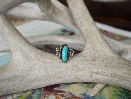 Turquoise & Stamped Silver Vintage Ring - Size 7