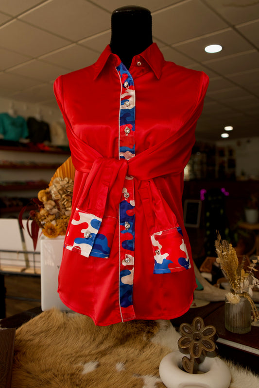 S - Red Satin w/ Patriotic Camo Button Down