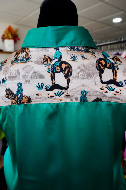 2XL - Tan & Emerald Cowboys on Emerald Satin Button Down