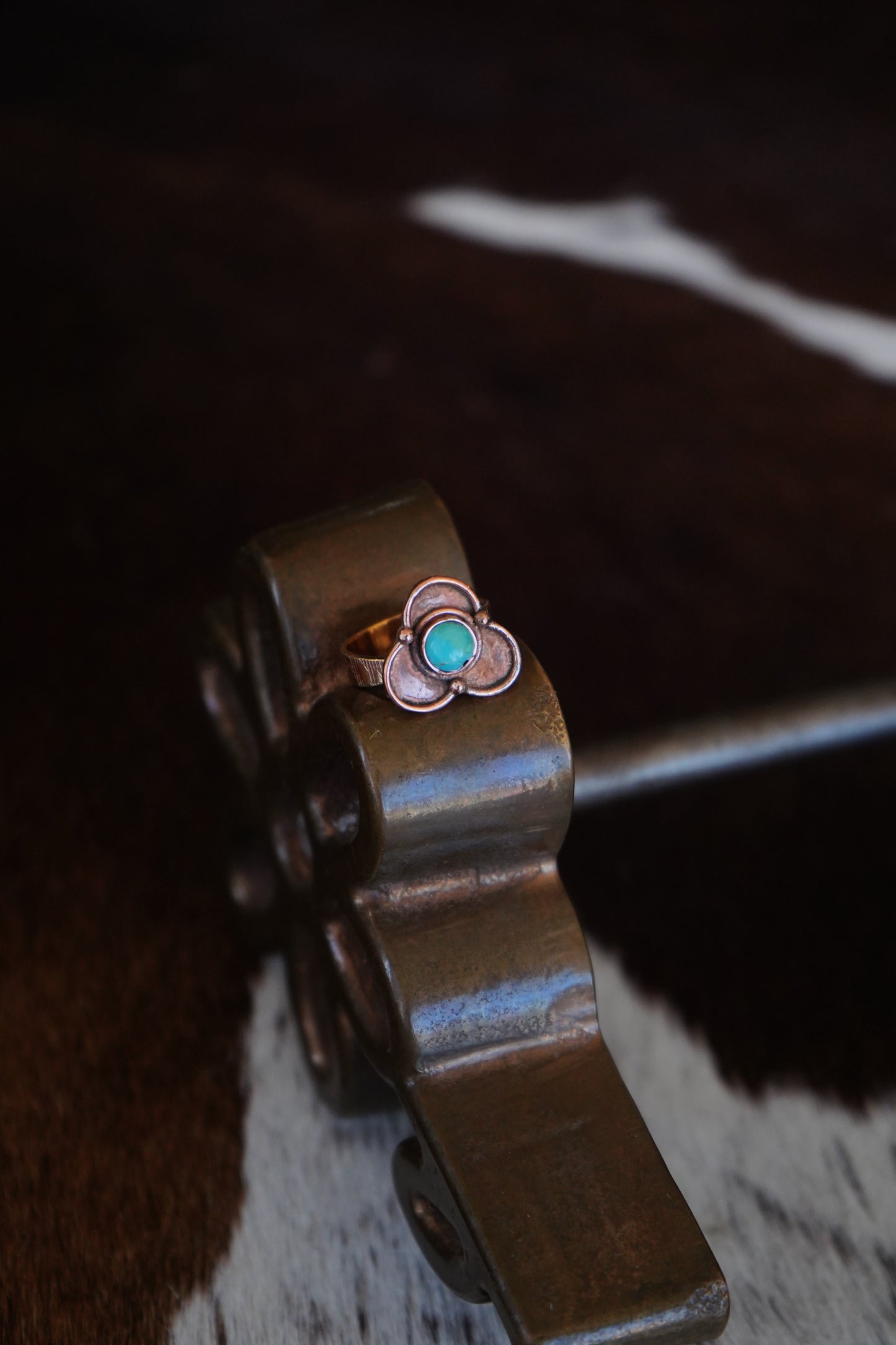 Copper & Turquoise Flower Ring - Adj