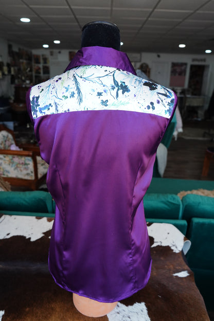 L - Watercolor Purple & Blue Floral on Purple Satin Button Down