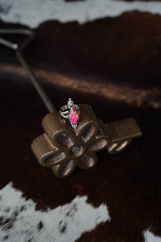 Pink Dahlia Teardrop w/ Silver Accents Ring - Sz 8